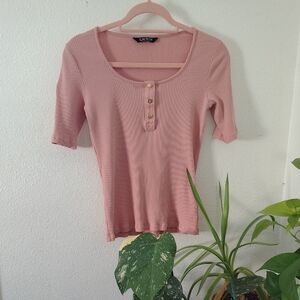 Ralph Lauren Dusty Pink Ribbed Henley Short Sleeve Top